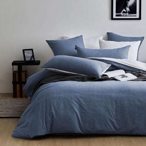Housse de Couette 140x200 Coton, Denim Bleu Ensembles de Housse de Couette avec Fermeture Éclair, 100% Coton Lavé, Texture Lin, Parure de Lit 140x200 Coton avec 1 Taie d'oreiller 65x65 cm (1/5)