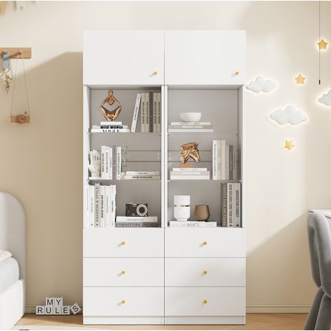 Set di 2 vetrine alte contenitore, 100 x 40 x 180 cm, MDF e vetro, bianco