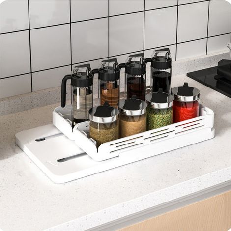 Rack De Rangement Tournant - 2 Niveaux - 30 x 21,5 x 16,5 Cm - Pour Épices Bouteilles Pantry Cuisine - Largeur Réglable - Blanc (1/3)