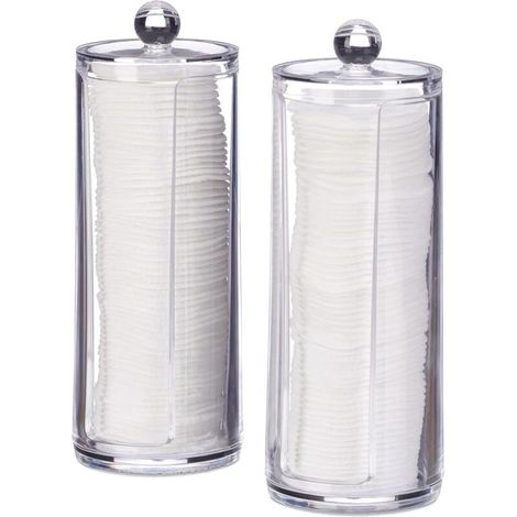 Distributeur Coton, Lot de 2, boîte disques avec Couvercle, 50 par Pot, HxD: 19x6,5 cm, Transparent (1/4)