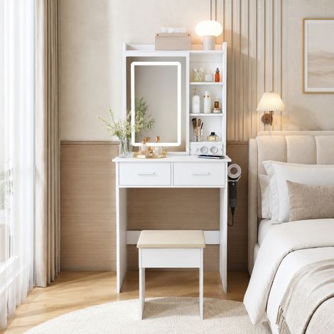 Schminktisch 60/136/36 cm weiß mit Spiegel, LED-Beleuchtung, USB und Hocker (1/5)