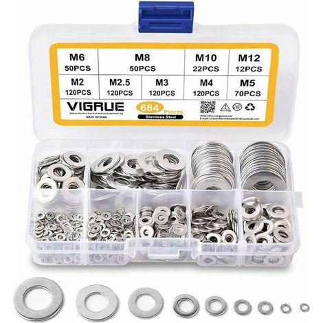 royaluxe - Set 684 Rondelles Plates en Acier Inoxydable 9 Tailles M2 M2.5 M3 M4 M5 M6 M8 M10 M12 (Argent) (1/5)