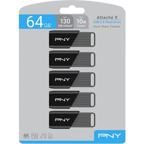 Pack de 5 Clés USB 3.2 - PNY - Attaché X - 64 Go - Jusqu'a 130 Mo/s (1/5)