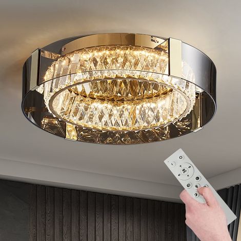 Plafonnier LED encastré doré en cristal K9 600mm, dimmable 3 températures de couleur, avec télécommande