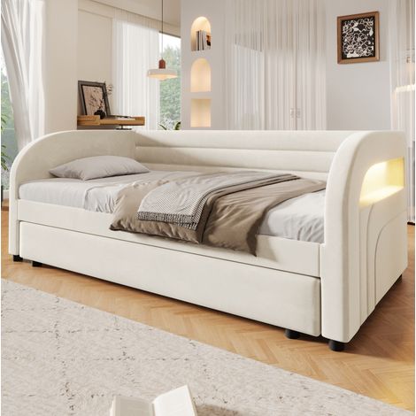Letto giorno per bambini 90x200 cm, con letto estraibile e illuminazione LED, in flanella beige, senza materasso (1/5)