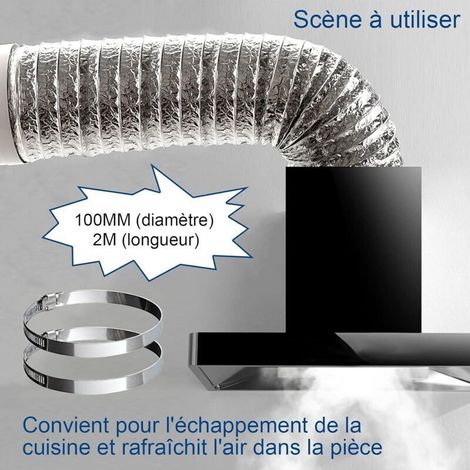 Tuyau d'Evacuation Flexible 100 mm x 2m Gaine Flexible Aluminium，Tuyau d'aération de d'evacuation d'air Résistant à la chaleur et imperméable avec 2 Colliers de 100mm Serrage en Acier (1/3)