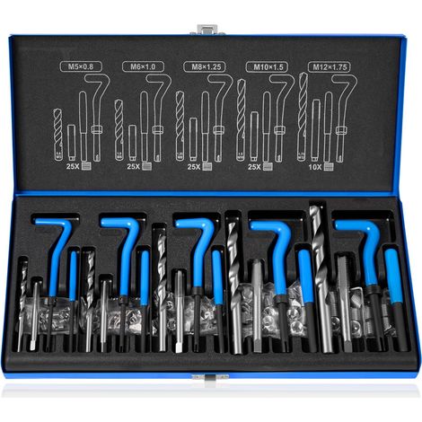 Kit de reparación de roscas de 131 piezas para motores de automóviles M5, M6, M8, M10 y M12, con brocas y manguitos Helicoil. (1/5)