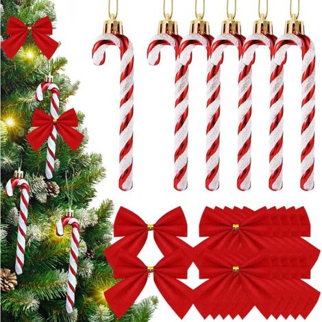 6 Pièces Rouge et Blanc Rayures Sucre d'orge Bonbon Decoration Sapin Noel et 12 Pièces Noeud Rouge Décorations Noel, Canne de Bonbons Plastique de Noël Suspendre Deco Noel Interieur Maison (1/5)