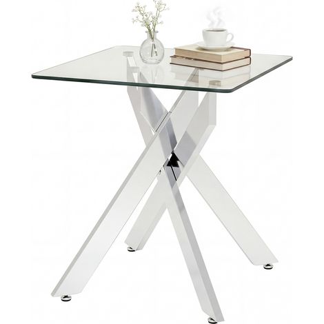 Table d'Appoint en Verre, Table d'Extrémité Carrée avec Plateau en Verre Trempé et Pieds Métalliques en X, Table de Chevet Moderne pour Petit Espace (1/5)