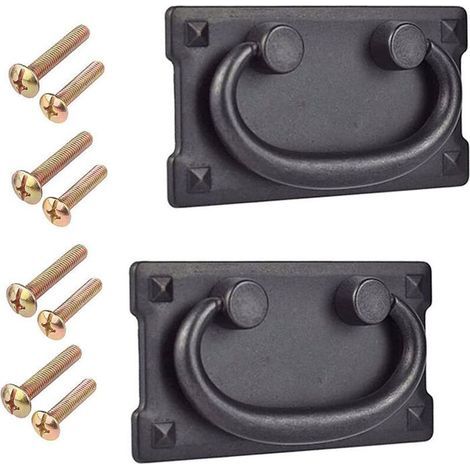 Ensemble de 2 poignées - Poignée de porte rectangulaire noire, poignée de tiroir anneau vintage pour meubles classiques avec vis (1/5)