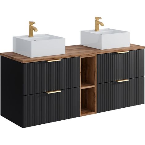 Mobile per bagno sospeso scanalature nicchie lavabo doppio appoggio quadrato L140 Nero natur. chiaro - ZEVARA (1/4)