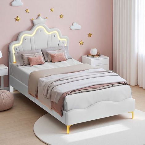 Bett Kinder 90x200 cm, ORWF, Kronenleisten, Wolken, LED, zeitgenössisch, Bettgestell Mädchen 90x200 cm, PU, weiß