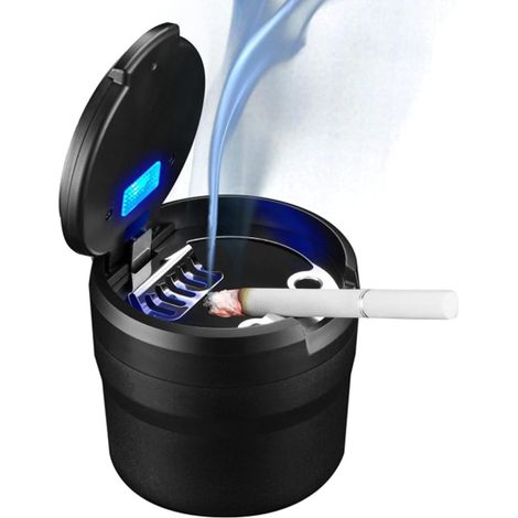 Cenicero para coche con luz LED, tapa abatible, extraíble, fácil de limpiar, para vehículos y camping, negro. (1/5)