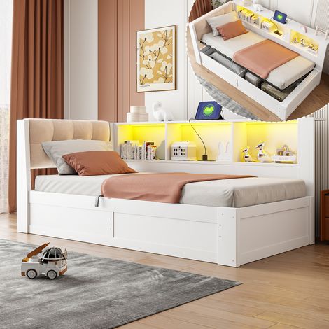 Letto contenitore 90x200 cm con LED dimmerabile, USB e mensola, bianco DESVIAE (1/5)