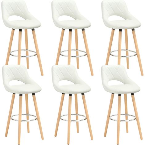 WOLTU Set di 6 sgabelli da bar, in Similpelle e legno massello con schienale e poggiapiedi 43x43x91cm Bianco