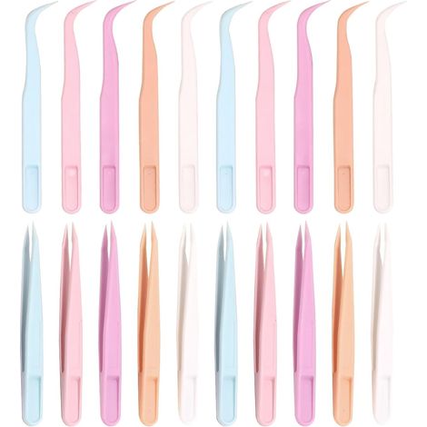 Set of 20 colored plastic tweezers - For crafts, picking up, straight and curved tips for fine motor skills, eyelash extensions