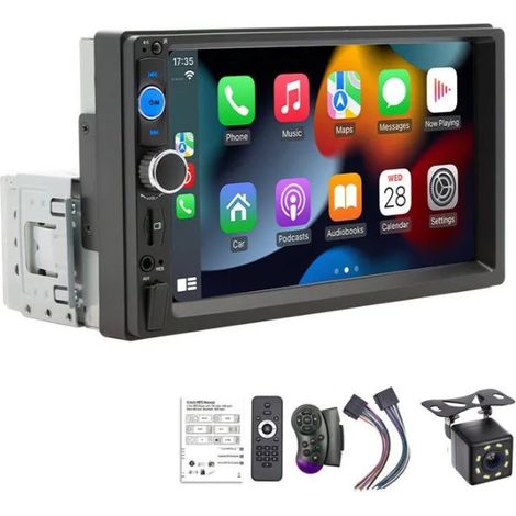 Autoradio 1 DIN écran 7" avec CarPlay Android Auto filaire, Bluetooth WiFi GPS FM USB, commande au volant, caméra de recul