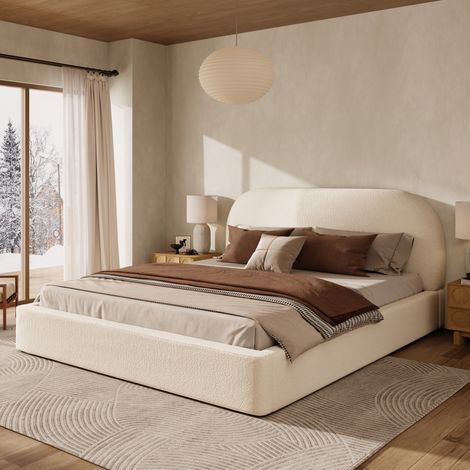 Cama adulta de 180x200 cm con somier de láminas, cabecero acolchado y tapizado en tela beige con bucles (1/5)