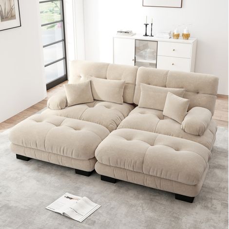 Sofá esquinero modular de chenilla en café claro con 2 otomanas, cojines lumbares y diseño cloud,220x145x81 cm (1/5)