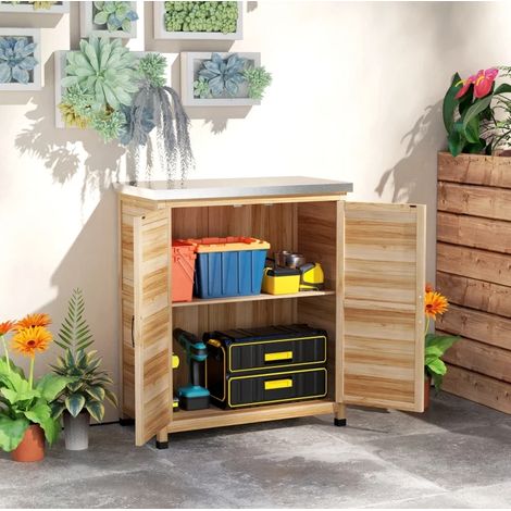 Armoire de jardin 79x43x92 cm coloris bois en bois avec étagère interne et plan de travail (1/5)