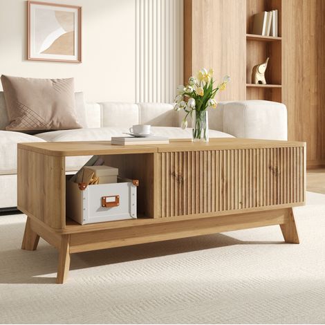Tavolino da salotto sollevabile 95x48x50 cm in MDF naturale con contenitore FloraGrace (1/5)