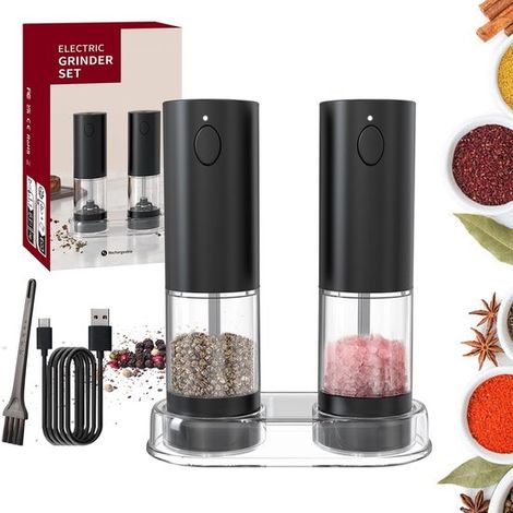 Moulin à grains électrique VHV, moulin à poivre, moulin à sel, rechargeable par USB, réglage de la mouture et éclairage LED, utilisation simplifiée (un seul bouton) pour barbecue et cuisine. (1/5)