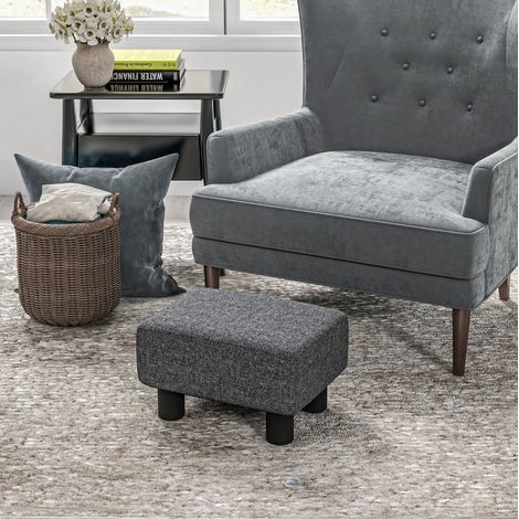 Pouf 40x30x24 cm, seduta imbottita, struttura in legno, tessuto effetto lino, grigio scuro (1/5)