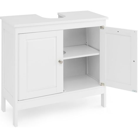 GOPLUS Meuble Salle de Bain sous Lavabo, Découpe en Forme de U 20 x 15cm, 2 Portes et Étagère Intérieure Réglable, pour Lavabo Suspendu ou Encastré (Non Inclus), Blanc (1/5)