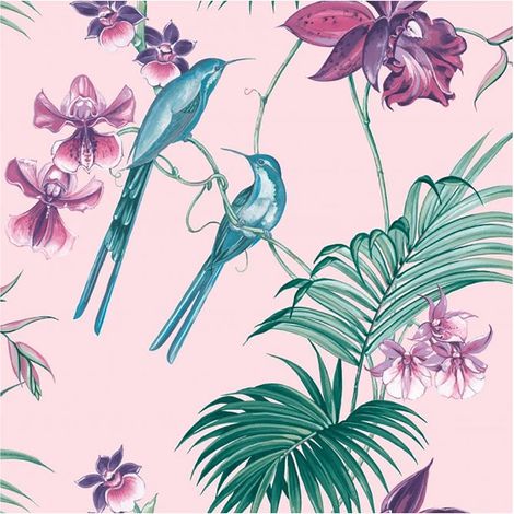 Utopia Pink Wallpaper Paste The Wall Vinyl Green Floral Tropical Glitter Birds