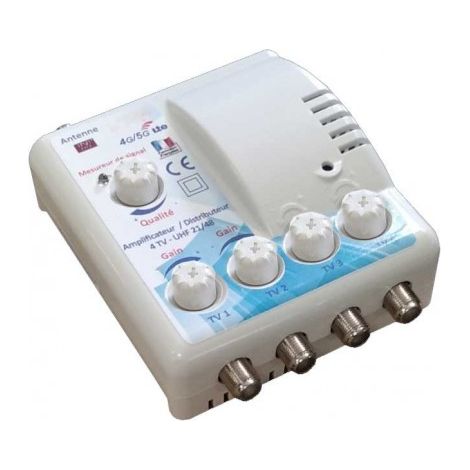 Amplificateur distributeur intérieur 4 sorties F UHF Tonna 402664 - Filtre LTE 700 4G 5G, Gain 22 x 4 dB, réglable avec mesureur LED (1/2)
