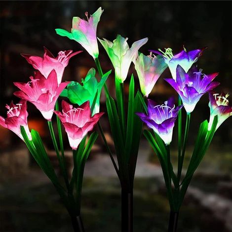 3 pièces Lampe Solaire Jardin, tige réglable + LED brillantes + fleur décorative pour extérieur et sentiers