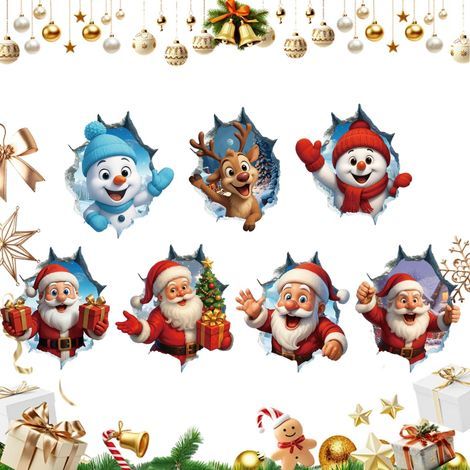 7-teiliges Set 3D-Weihnachts-Wandtattoos – Beeindruckender 3D-Effekt mit Weihnachtsmann, Schneemann und Rentier – Weihnachtsdekoration – Selbstklebende Wandtattoos, Heimdeko (1/5)