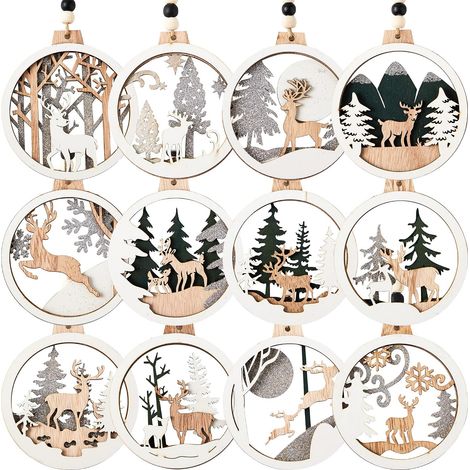 Lot de 12 décorations en bois à suspendre en forme de renne de Noël pour intérieur/extérieur, décoration de fête, décorations d'arbre, événements et Noël (1/5)