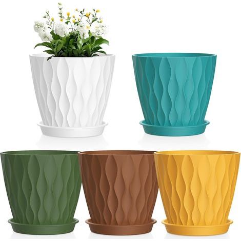 Jardinière de 15 cm, lot de 5, en plastique avec trous de drainage et plateau pour petites plantes succulentes, multicolore. (1/5)