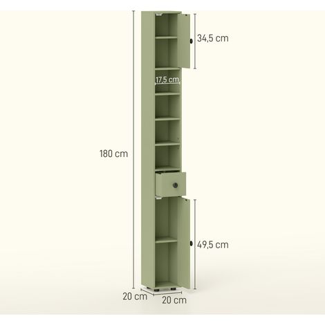 Badezimmerschrank schmal mit Schublade und 4 offenen Fächern für kleine Räume 20 x 20 x 180 cm Grün (1/5)