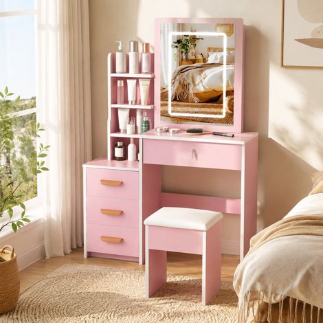 Rosa Schminktisch mit beleuchtetem Spiegel, 4 Schubladen und Hocker, MDF, 85 x 130 x 34 cm (1/5)
