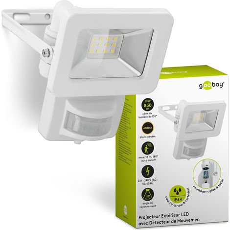 Projecteur LED avec détecteur de mouvement – Projecteur LED de 10 W – Lumière blanc neutre 4000 K – 850 lm – Angle d'éclairage 100 degrés – Indice de protection IP65 – Blanc (1/5)