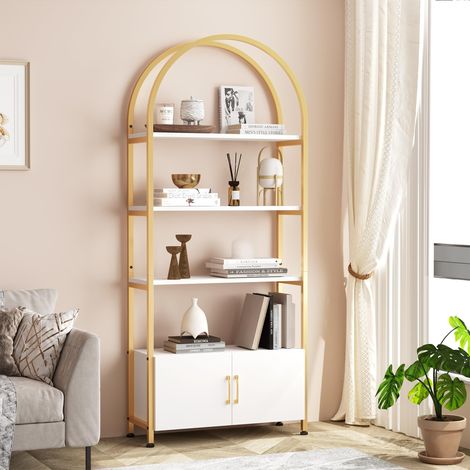 Bibliothèque Arquée Avec Portes De Rangement, 182 cm, étagère Ouverte à 4 Niveaux Avec Structure Métallique Robuste, étagère d'Exposition Autonome Pour Salon, Chambre à Coucher, Bureau à Domicile (1/5)