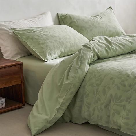 Parure de lit 135x200 en coton - Ensemble de literie avec housse de couette 135 x 200 et 1 taie d'oreiller 80x80 cm - Motif feuilles vertes - Parure de lit réversible (1/5)