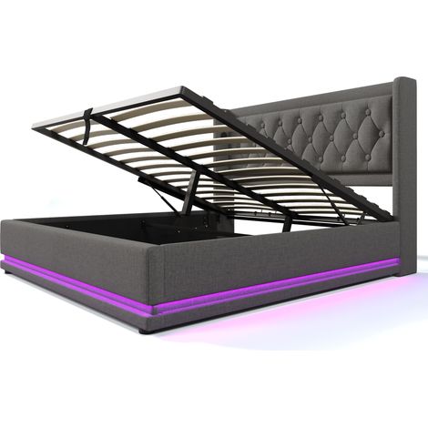 Bett mit Bettkasten 180x200 cm aus grauer Baumwolle, 3-seitige LED, USB-C, Kopfteil gepolstert (1/5)