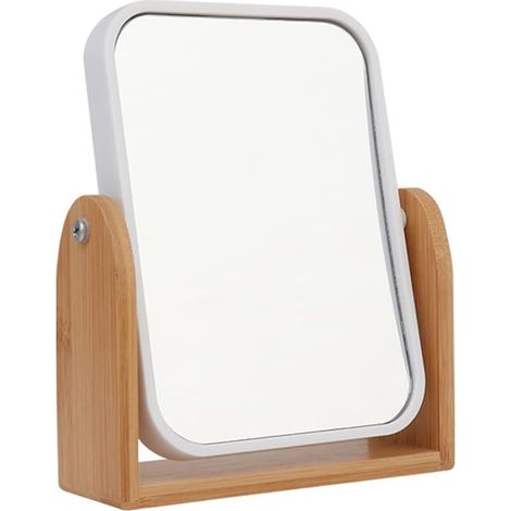 Miroir double face – Miroir de maquillage de table rotatif à 360 degrés avec support – Bureau rectangulaire en bois transparent sur pied (blanc) (1/5)