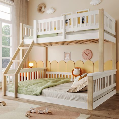 Cama litera infantil 205x150x147 cm, con barandillas y escalera, madera de pino, blanco y natural (1/5)