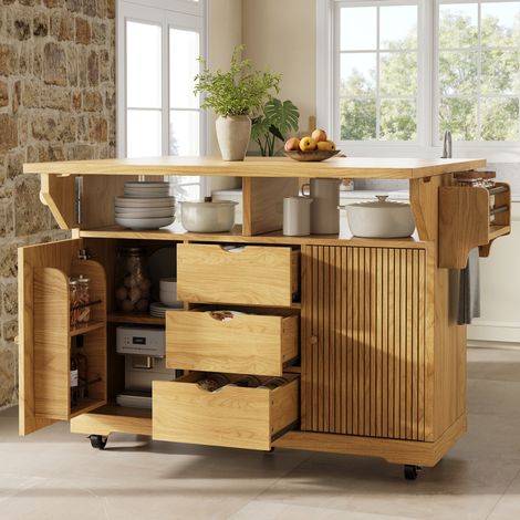 Isla de cocina extensible FloraGrace, 142,5 x 80 x 95 cm, MDF y metal marrón (1/5)