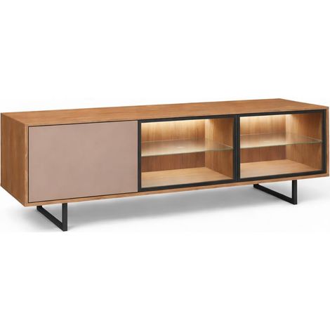 Porta TV 3 Ante Con 2 LED Inclusi 2 Ante Vetro Fumè Mobile TV Moderno Con Ripiani Interni E Piedi In Ferro Nero Stile Industrial 185 x 60 x 40 Cm Colore Rovere E Grigio Caldo