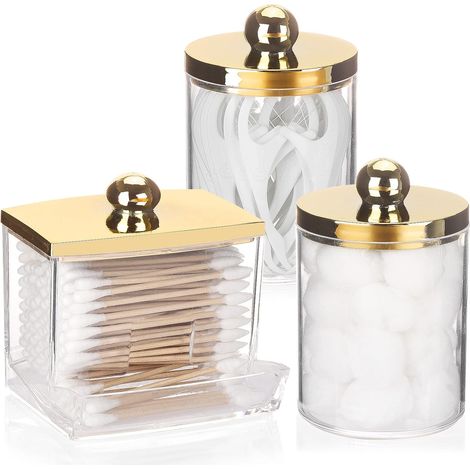 Lot de 3 Pots Rangement Coton - Plastique et Bois Naturel - Distributeur Hermétique - Salle de Bain et Toilette - Transparents avec Couvercles Dorés (1/5)