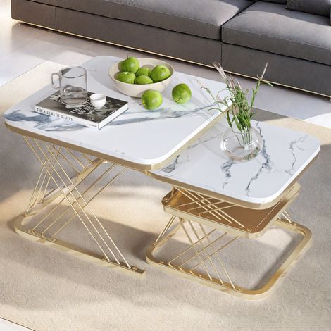 Set di 2 tavolini da caffè moderni, tavolini quadrati eleganti con spazio di archiviazione, supporto stabile a forma di X, mobili moderni per il soggiorno (1/5)