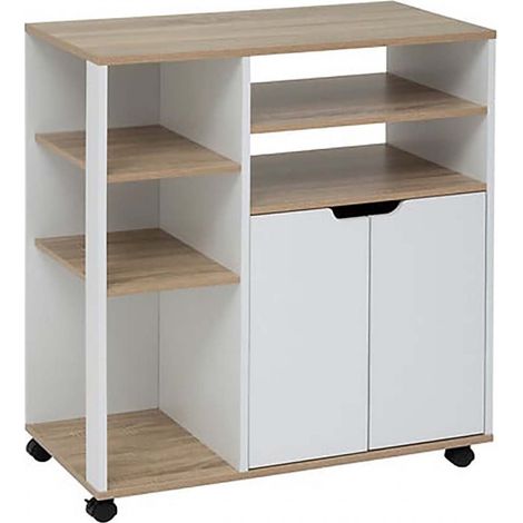 Desserte de cuisine avec roulettes, étagères et placard à 2 portes, coloris chêne/blanc - Longueur 76 x Profondeur 39,5 x Hauteur 85 cm (1/5)