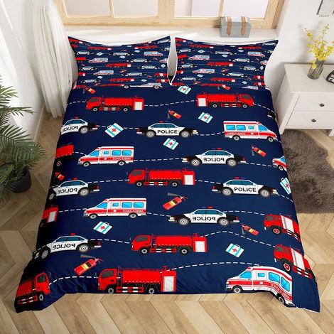 Parure de lit décorative avec housse de couette et 2 taies d'oreiller pour enfants, garçons et filles motif voiture de police motif camion de pompiers pour lit double (1/5)
