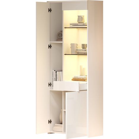 ELVMI Vitrine avec 2 Portes, 1 Tiroir et 3 Niches Semi-Ouvertes, LED par Application, Salon, Blanc, 70 x 35 x 180 cm (1/5)