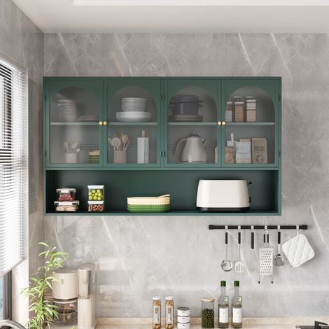 Armario de pared de cuatro puertas con cristal, 120 cm, cristal gris, para cocina, salón, baño, verde oscuro (misma referencia: W2552P246549) (1/5)